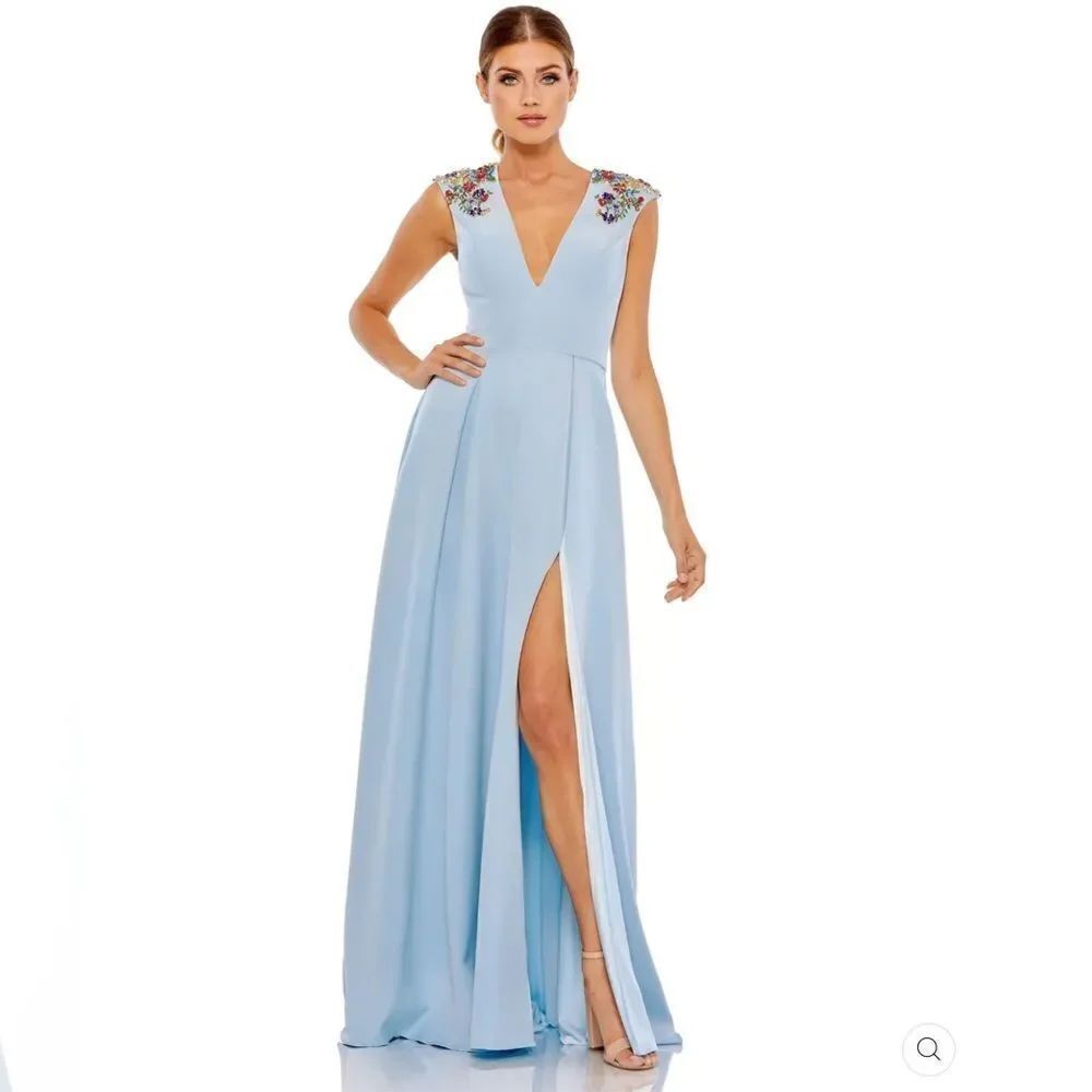 NWT Mac Duggal Blue Size 14 Plunge V Neck Floral Beaded Maxi Dress Gown Slit